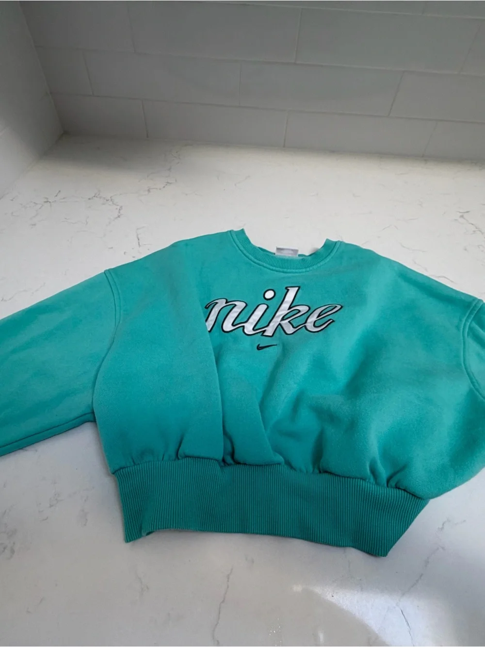 Nike Girl’s Teal Cropped Crewneck Sweatshirt with Script Logo